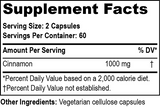 Supplement Facts label, serving size: 2 tablets, serving per container 60, amount per serving: cinnamon 1000 mg.