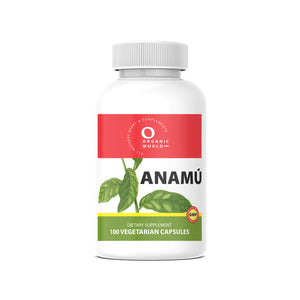 Anamu Vitamin supplement bottle, 100 capsules  by organic world, with a red, green and white  label, on a white background