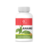 Anamu Vitamin supplement bottle, 100 capsules  by organic world, with a red, green and white  label, on a white background