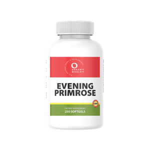 Evening primrose Vitamin supplement bottle, 250 softgels  by organic world.