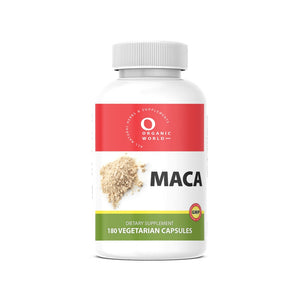 maca Vitamin supplement bottle, 90 veg capsules  by organic world, with a red, green and white  label, on a white background