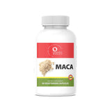 maca Vitamin supplement bottle, 90 veg capsules  by organic world, with a red, green and white  label, on a white background